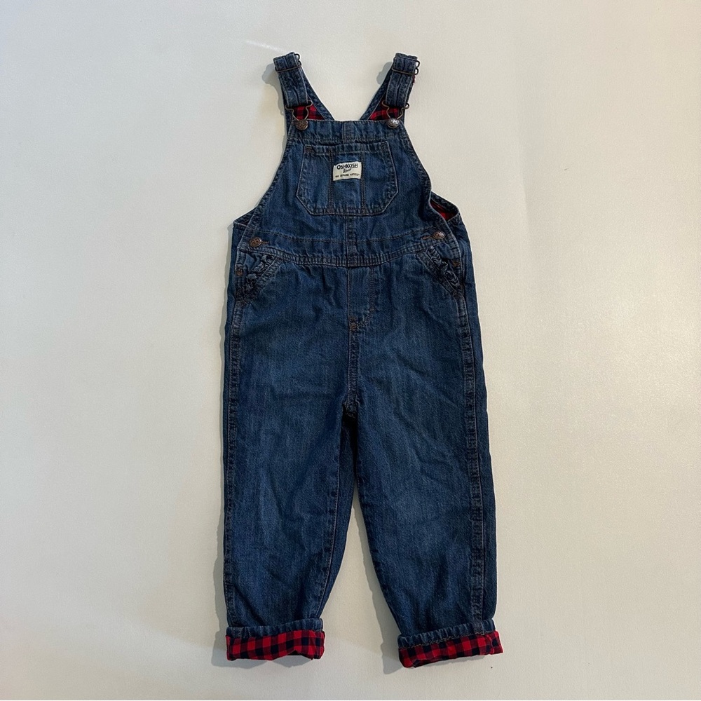 Oshkosh Girls Size 4T Buffalo Plaid Lined Denim Overalls Bib Ruffle Pockets